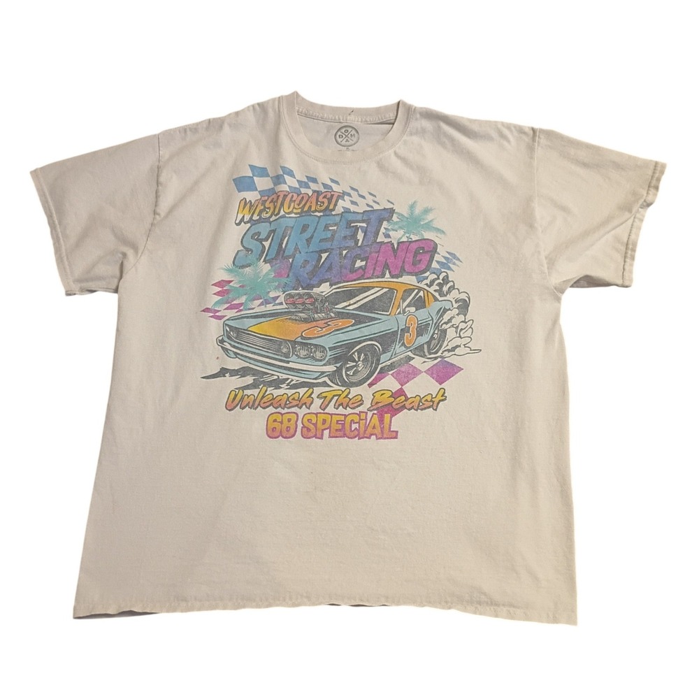 D&M West Coast Street Racing Graphic Tee Mens XL Off-White Muscle Car Retro 68